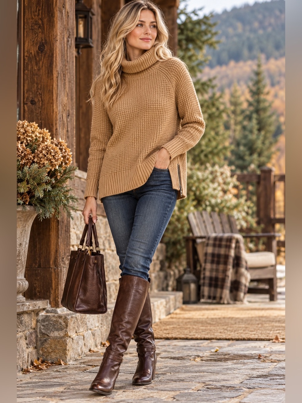 L.L. Bean Camel Ribbed Turtleneck Sweater - Camel